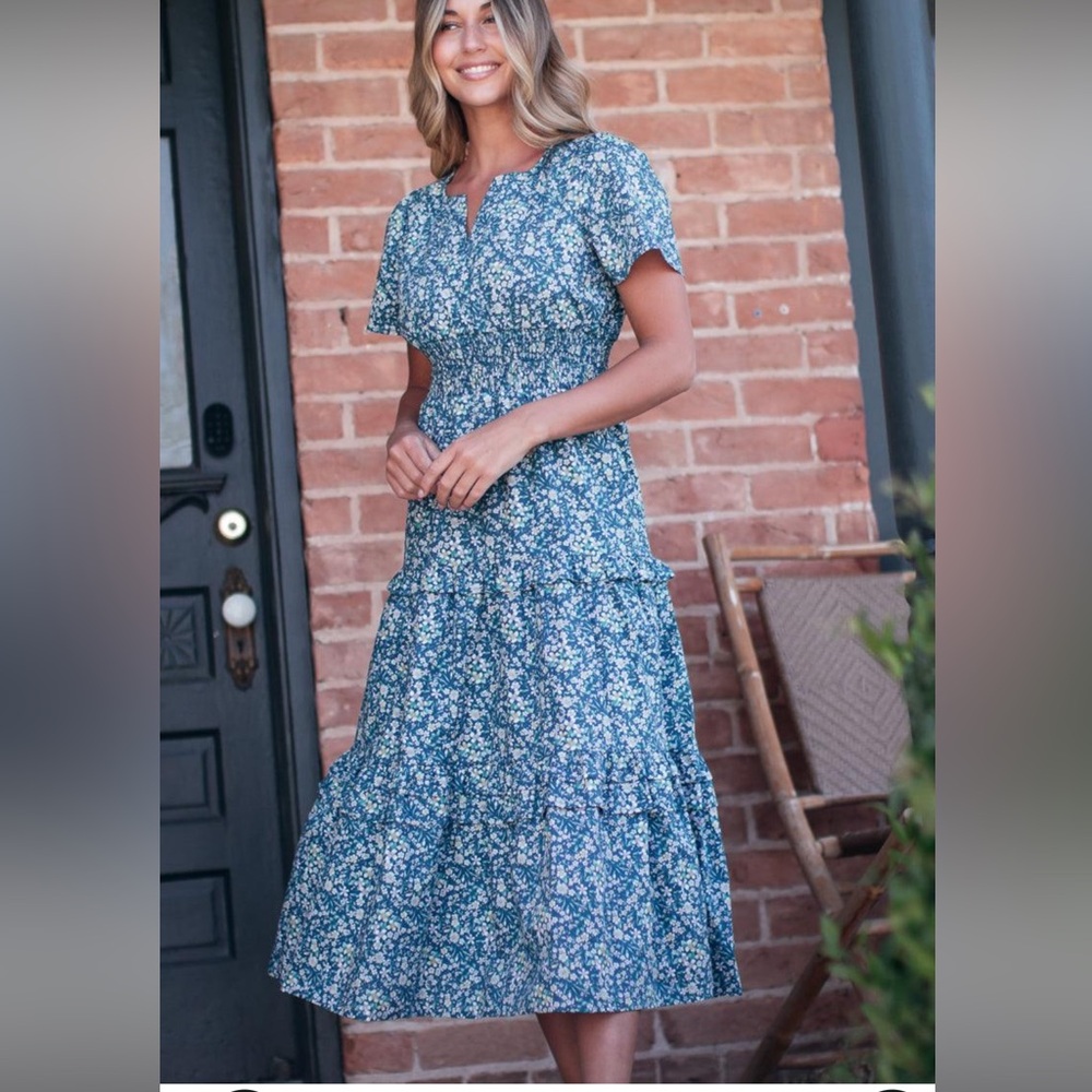 NWOT FEHRNVI Cottagecore Ruya Blue Floral Smocked Waist Midi Dress Large